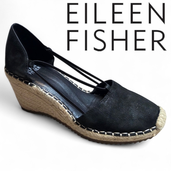 Eileen Fisher Shoes - Eileen Fisher Black Yasmin Tumbled Nubuck Espadrille Wedge Heels